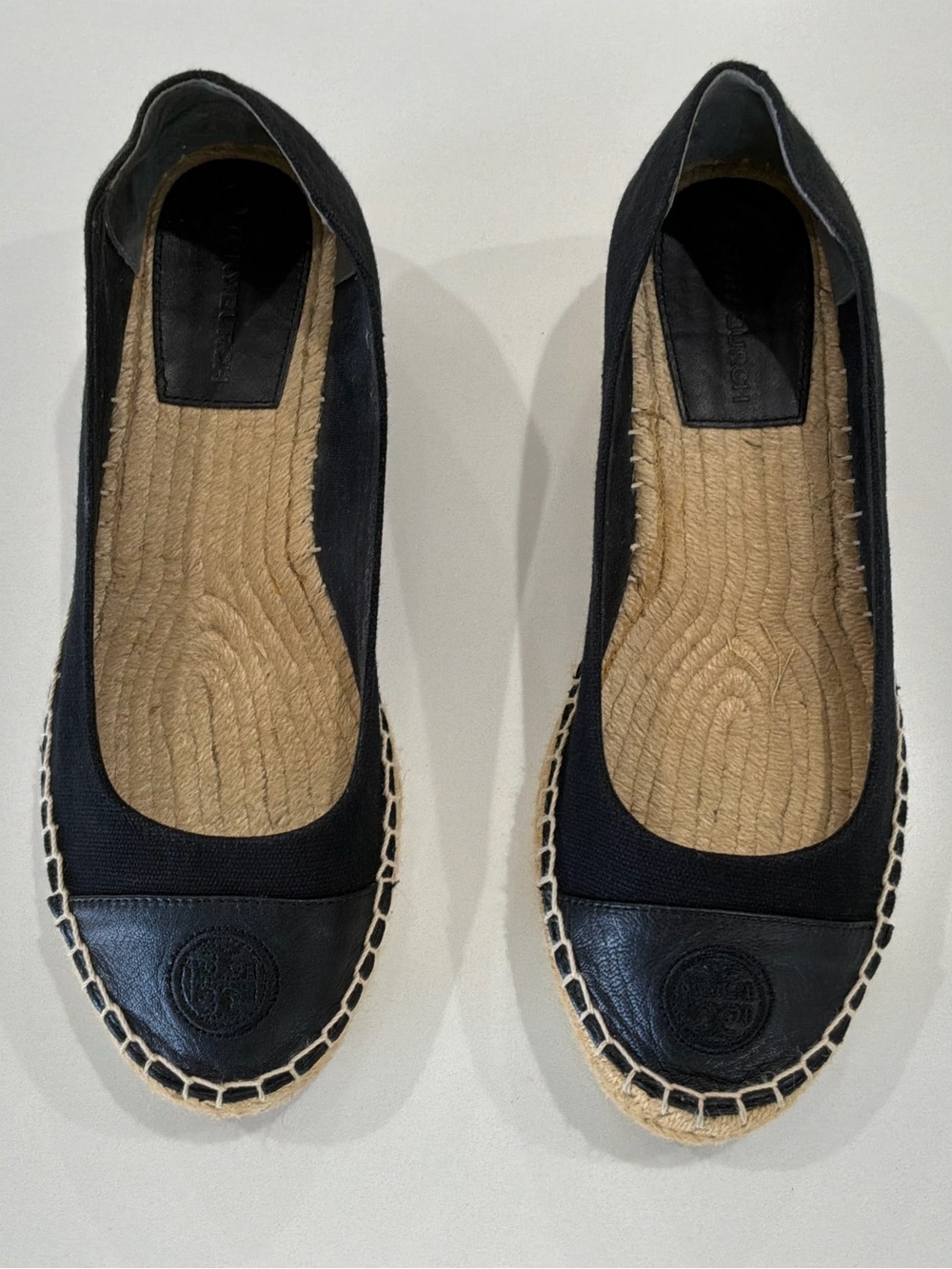 Tory Burch Weston Espadrille Flats Black Canvas Leather Logo Toe Women’s 9 - Picture 3 of 9